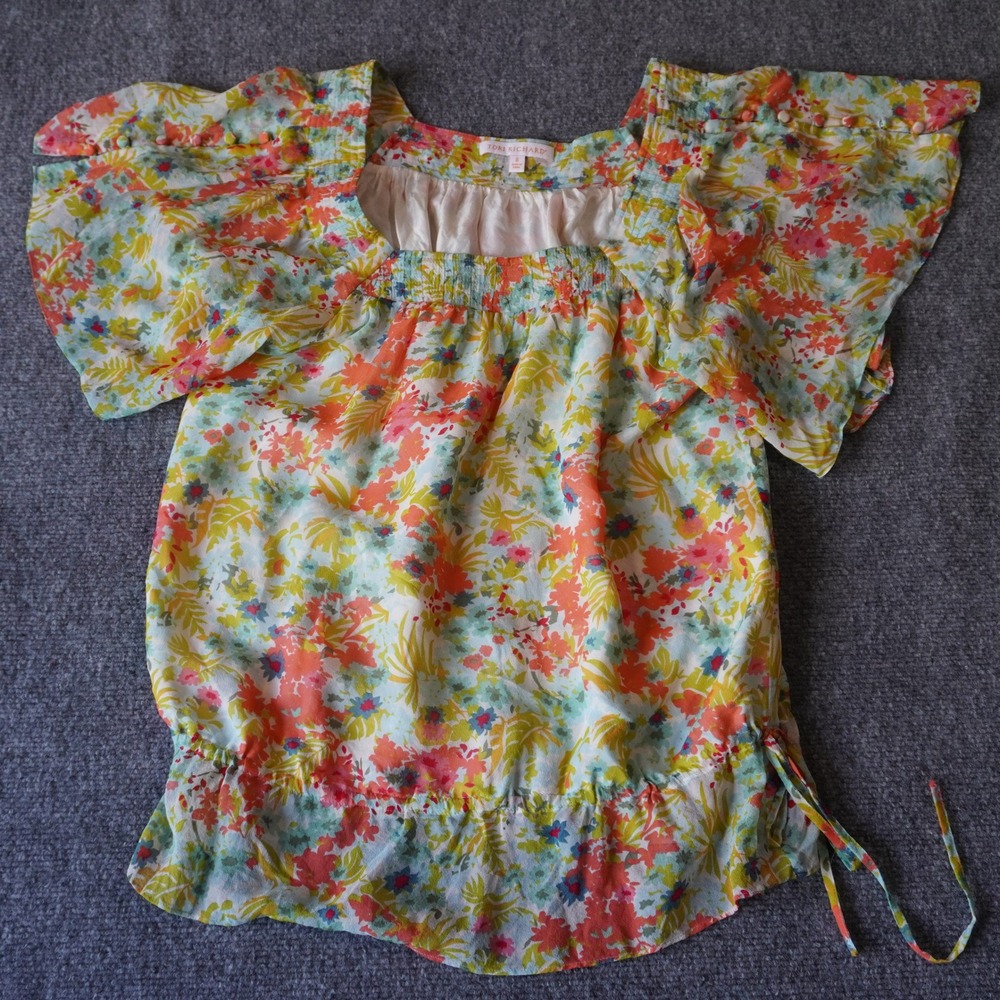 Tori Richard Silk Floral Flutter Sleeve Tie Waist Blouse Top Size 8